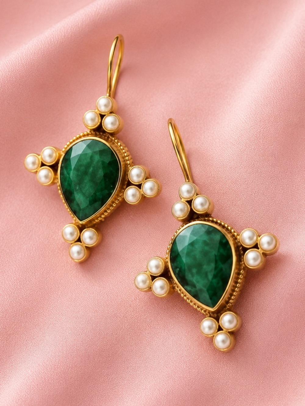 Gold Pearl Emerald Drop Earrings